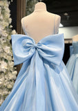 Evafashion A-Line Satin Blue Long prom Dress, Blue Long Formal Dress HZ1024
