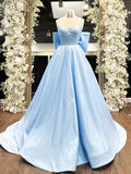 Evafashion A-Line Satin Blue Long prom Dress, Blue Long Formal Dress HZ1024