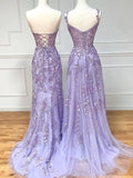 Ndyad Lace Long Prom Dress, Purple Lace Evening Dresses HZ1024