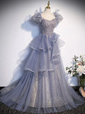 Ndyad Gray Sequin Long Prom Dress, Sequin Tulle Formal Evening Dresses HZ1024