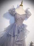 Ndyad Gray Sequin Long Prom Dress, Sequin Tulle Formal Evening Dresses HZ1024
