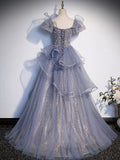Ndyad Gray Sequin Long Prom Dress, Sequin Tulle Formal Evening Dresses HZ1024