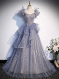 Ndyad Gray Sequin Long Prom Dress, Sequin Tulle Formal Evening Dresses HZ1024
