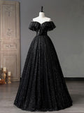 Ndyad Off Shoulder Tulle Long Prom Dress, Black Formal Evening Dresses HZ1024