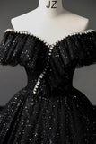 Ndyad Off Shoulder Tulle Long Prom Dress, Black Formal Evening Dresses HZ1024