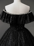 Ndyad Off Shoulder Tulle Long Prom Dress, Black Formal Evening Dresses HZ1024