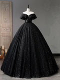 Ndyad Off Shoulder Tulle Long Prom Dress, Black Formal Evening Dresses HZ1024