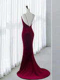 Ndyad Backless Velvet Burgundy Long Prom Dress with Beads HZ1024