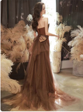 Ndyad Mermaid Satin Brown Long Prom Dress, Brown Long Evening Dress HZ1024