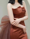 Ndyad Mermaid Satin Brown Long Prom Dress, Brown Long Evening Dress HZ1024