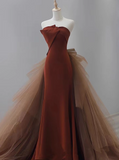 Ndyad Mermaid Satin Brown Long Prom Dress, Brown Long Evening Dress HZ1024