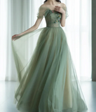 Ndyad Green Tulle Long Prom Dresses, Green Formal Evening Dresses HZ1024