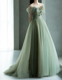 Ndyad Green Tulle Long Prom Dresses, Green Formal Evening Dresses HZ1024