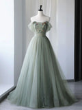 Ndyad Green Tulle Long Prom Dresses, Green Formal Evening Dresses HZ1024
