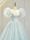 Ndyad Puff Sleeves Blue Long Prom Dress, Tulle Formal Evening Dress HZ1024