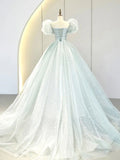 Ndyad Puff Sleeves Blue Long Prom Dress, Tulle Formal Evening Dress HZ1024
