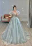 Ndyad Puff Sleeves Blue Long Prom Dress, Tulle Formal Evening Dress HZ1024