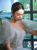 Ndyad Puff Sleeves Blue Long Prom Dress, Tulle Formal Evening Dress HZ1024