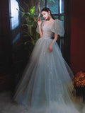 Ndyad Puff Sleeves Blue Long Prom Dress, Tulle Formal Evening Dress HZ1024