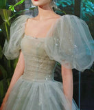 Ndyad Puff Sleeves Blue Long Prom Dress, Tulle Formal Evening Dress HZ1024