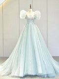 Ndyad Puff Sleeves Blue Long Prom Dress, Tulle Formal Evening Dress HZ1024
