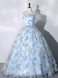 Ndyad Tulle 3 D Applique Long Prom Dress, Blue Formal Evening Dress HZ1024