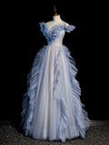 Ndyad Off Shoulder Tulle Sequin Beading Long Prom Dress, Blue Formal Dress HZ1024