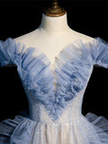 Ndyad Off Shoulder Tulle Sequin Beading Long Prom Dress, Blue Formal Dress HZ1024