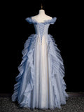 Ndyad Off Shoulder Tulle Sequin Beading Long Prom Dress, Blue Formal Dress HZ1024