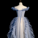 Ndyad Off Shoulder Tulle Sequin Beading Long Prom Dress, Blue Formal Dress HZ1024
