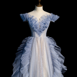 Ndyad Off Shoulder Tulle Sequin Beading Long Prom Dress, Blue Formal Dress HZ1024
