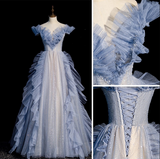 Ndyad Off Shoulder Tulle Sequin Beading Long Prom Dress, Blue Formal Dress HZ1024