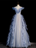 Ndyad Off Shoulder Tulle Sequin Beading Long Prom Dress, Blue Formal Dress HZ1024