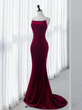 Ndyad Backless Velvet Burgundy Long Prom Dress with Beads HZ1024