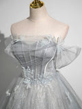 Ndyad A-Line Tulle Long Prom Dress, Gray Tulle Formal Evening Dress HZ1024