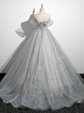 Ndyad A-Line Tulle Long Prom Dress, Gray Tulle Formal Evening Dress HZ1024