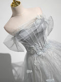 Ndyad A-Line Tulle Long Prom Dress, Gray Tulle Formal Evening Dress HZ1024