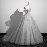 Ndyad A-Line Tulle Long Prom Dress, Gray Tulle Formal Evening Dress HZ1024