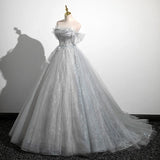 Ndyad A-Line Tulle Long Prom Dress, Gray Tulle Formal Evening Dress HZ1024