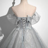 Ndyad A-Line Tulle Long Prom Dress, Gray Tulle Formal Evening Dress HZ1024