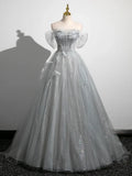 Ndyad A-Line Tulle Long Prom Dress, Gray Tulle Formal Evening Dress HZ1024