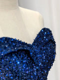 Ndyad Off Shoulder Sequin Blue Long prom Dress, Blue Sequin Long Evening Dress HZ1024