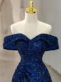 Ndyad Off Shoulder Sequin Blue Long prom Dress, Blue Sequin Long Evening Dress HZ1024