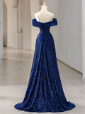 Ndyad Off Shoulder Sequin Blue Long prom Dress, Blue Sequin Long Evening Dress HZ1024