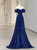 Ndyad Off Shoulder Sequin Blue Long prom Dress, Blue Sequin Long Evening Dress HZ1024