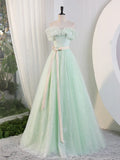 Ndyad Off Shoulder Tulle Green Long Prom Dress, Green Lace Long Sweet 16 Dress HZ1024
