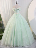 Ndyad Off Shoulder Tulle Green Long Prom Dress, Green Lace Long Sweet 16 Dress HZ1024