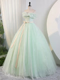Ndyad Off Shoulder Tulle Green Long Prom Dress, Green Lace Long Sweet 16 Dress HZ1024