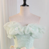 Ndyad Off Shoulder Tulle Green Long Prom Dress, Green Lace Long Sweet 16 Dress HZ1024