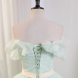 Ndyad Off Shoulder Tulle Green Long Prom Dress, Green Lace Long Sweet 16 Dress HZ1024